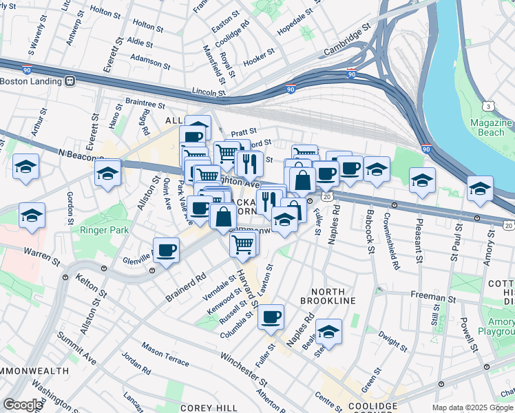 map of restaurants, bars, coffee shops, grocery stores, and more near 21 Chester Street in Allston