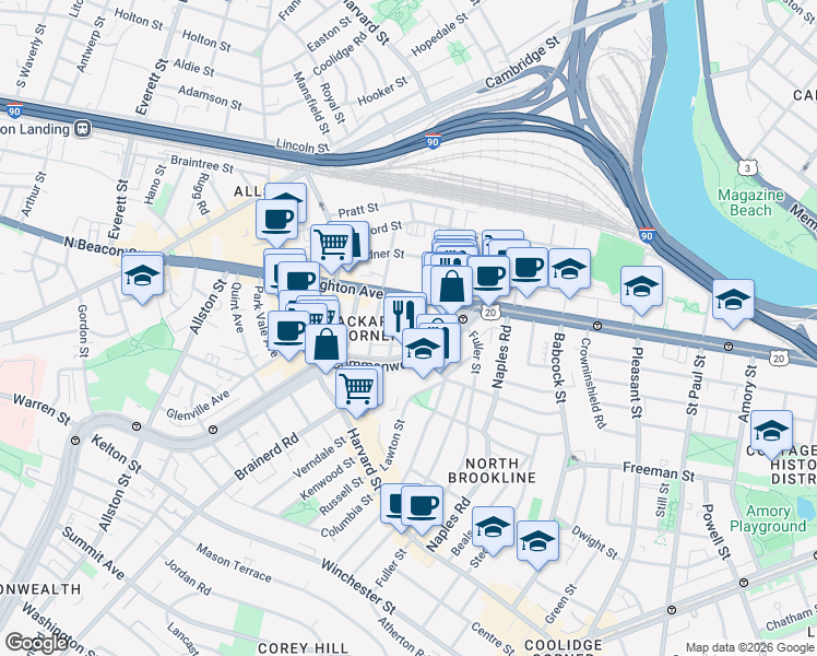 map of restaurants, bars, coffee shops, grocery stores, and more near 1131 Commonwealth Avenue in Boston