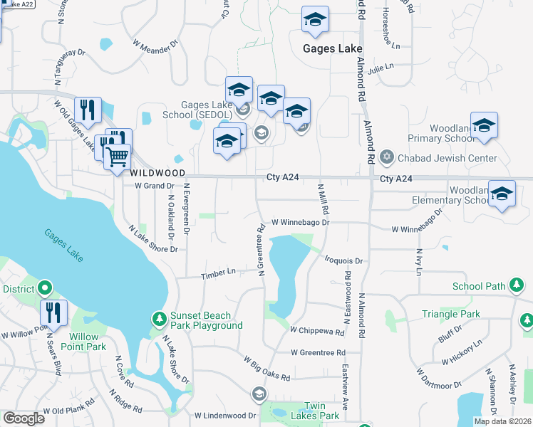 map of restaurants, bars, coffee shops, grocery stores, and more near 33639 North Greentree Road in Grayslake