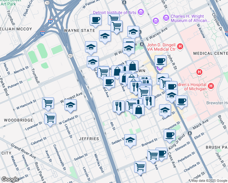 map of restaurants, bars, coffee shops, grocery stores, and more near 702 West Canfield Street in Detroit
