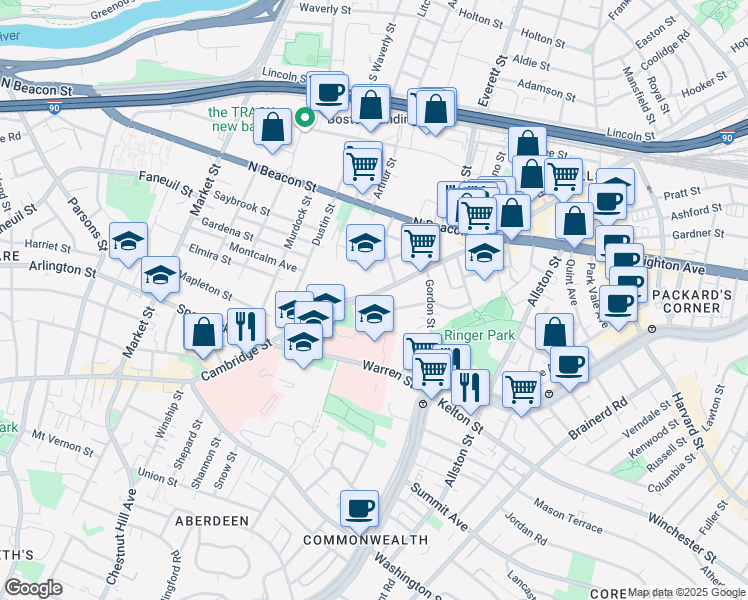 map of restaurants, bars, coffee shops, grocery stores, and more near 608 Cambridge Street in Boston