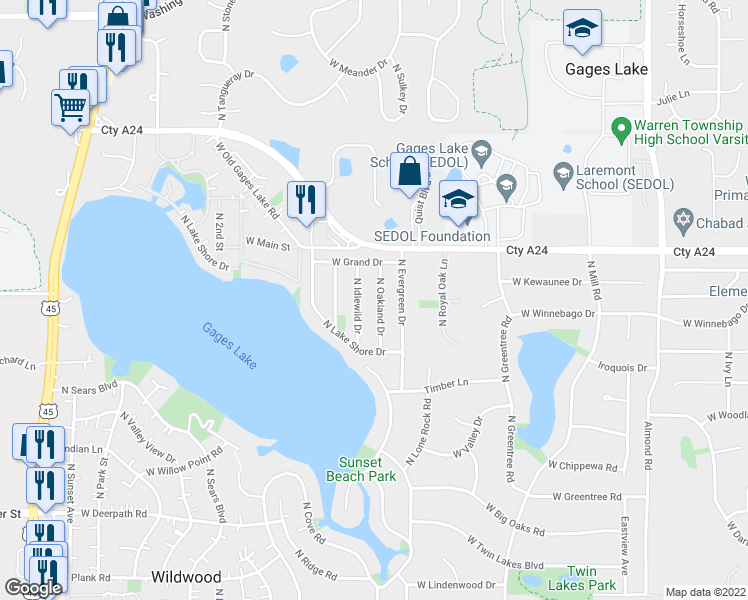 map of restaurants, bars, coffee shops, grocery stores, and more near 33640 North Oakland Drive in Grayslake
