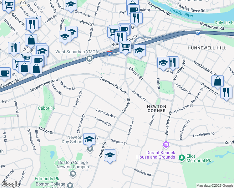 map of restaurants, bars, coffee shops, grocery stores, and more near Bennington St & Mt Ida Terrace in Newton