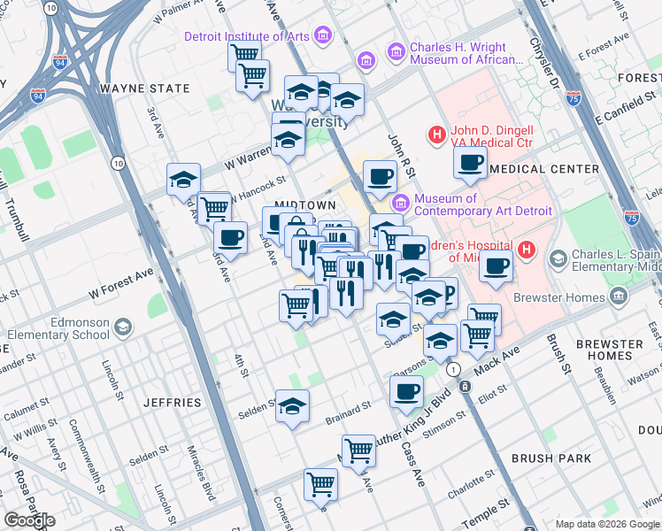 map of restaurants, bars, coffee shops, grocery stores, and more near Cass Ave & W Canfield St in Detroit