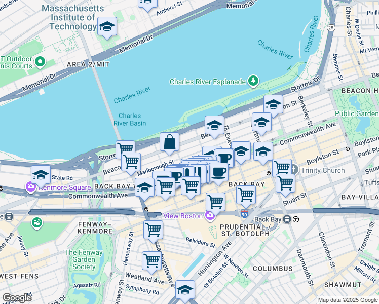 map of restaurants, bars, coffee shops, grocery stores, and more near 11 Gloucester Street in Boston