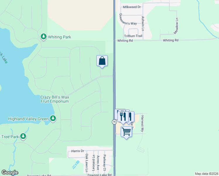 map of restaurants, bars, coffee shops, grocery stores, and more near 202 Kingsbury Drive Southeast in Poplar Grove