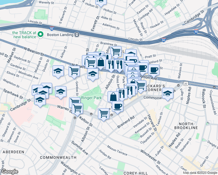 map of restaurants, bars, coffee shops, grocery stores, and more near 68 Allston Street in Boston