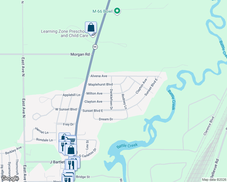 map of restaurants, bars, coffee shops, grocery stores, and more near 201 Milton Avenue in Battle Creek