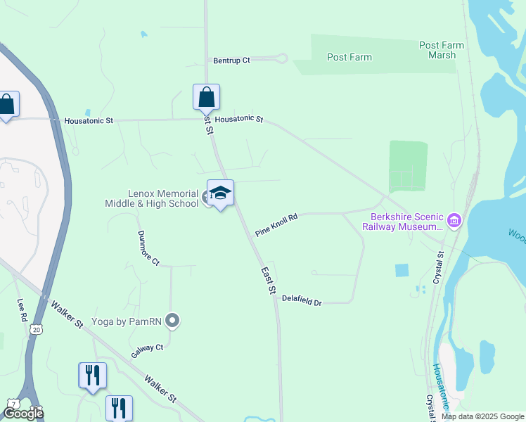 map of restaurants, bars, coffee shops, grocery stores, and more near 11 Pine Knoll Road in Lenox
