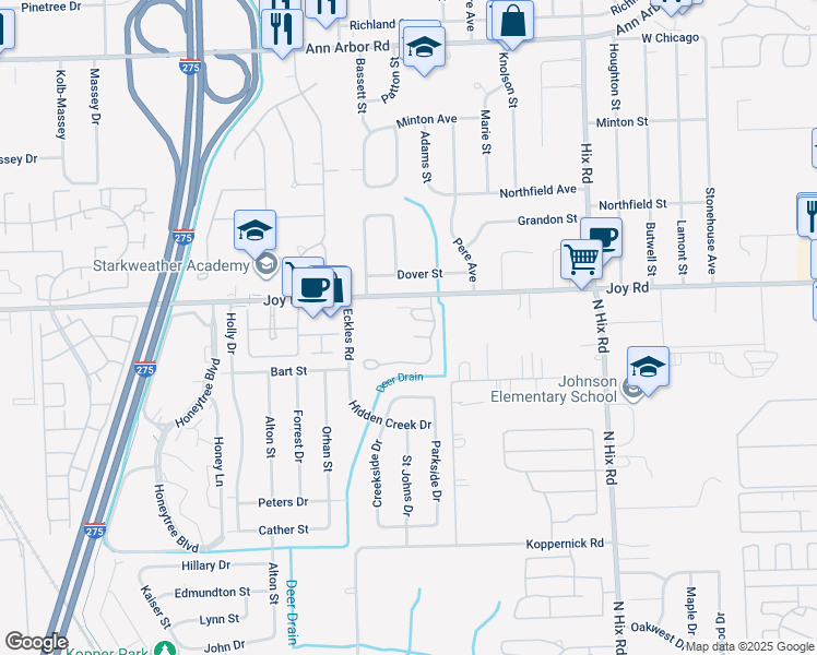 map of restaurants, bars, coffee shops, grocery stores, and more near 39201 Joy Road in Westland