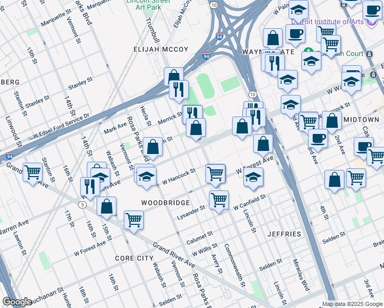 map of restaurants, bars, coffee shops, grocery stores, and more near 4858 Commonwealth Street in Detroit
