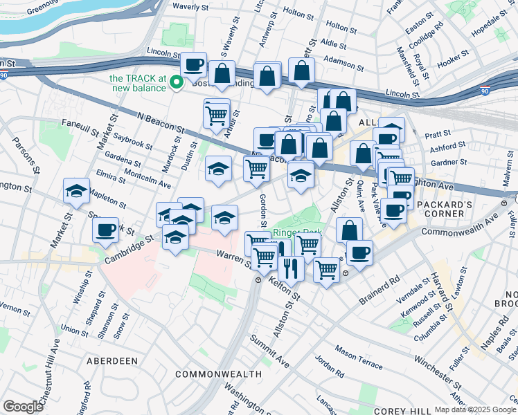 map of restaurants, bars, coffee shops, grocery stores, and more near 59 Gordon Street in Boston