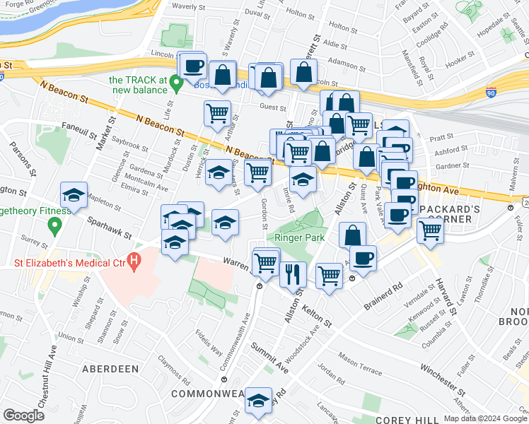 map of restaurants, bars, coffee shops, grocery stores, and more near 45 Gordon St in ALLSTON