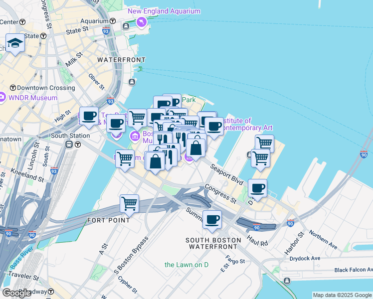 map of restaurants, bars, coffee shops, grocery stores, and more near 99 Autumn Lane in Boston