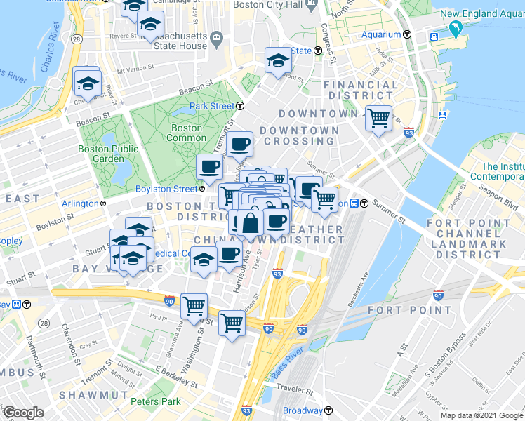 map of restaurants, bars, coffee shops, grocery stores, and more near in Boston