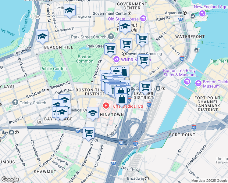 map of restaurants, bars, coffee shops, grocery stores, and more near in Boston