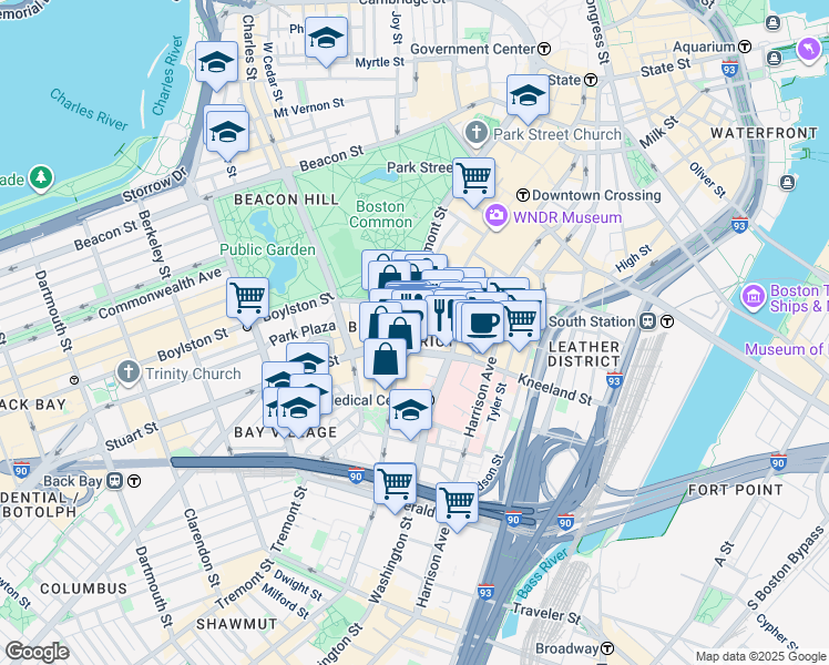 map of restaurants, bars, coffee shops, grocery stores, and more near 39 Stuart Street in Boston
