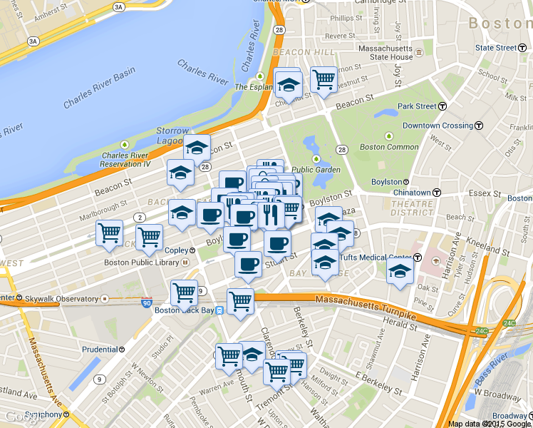 map of restaurants, bars, coffee shops, grocery stores, and more near 426 Boylston Street in Boston