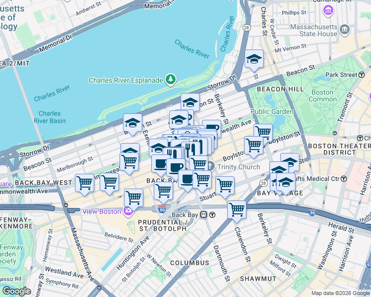 map of restaurants, bars, coffee shops, grocery stores, and more near 7 Dartmouth Street in Boston