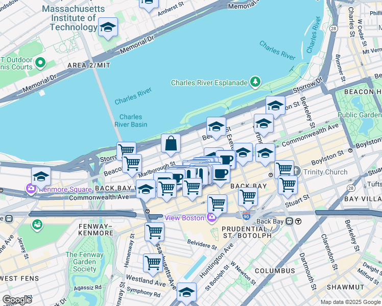 map of restaurants, bars, coffee shops, grocery stores, and more near 11 Gloucester Street in Boston