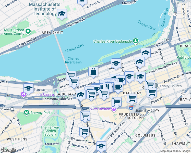 map of restaurants, bars, coffee shops, grocery stores, and more near 11 Gloucester Street in Boston