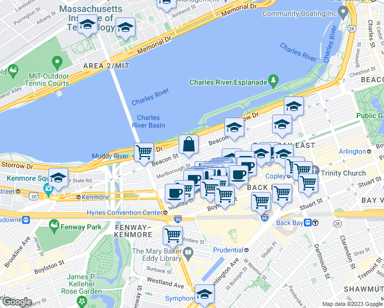 map of restaurants, bars, coffee shops, grocery stores, and more near 11 Gloucester Street in Boston