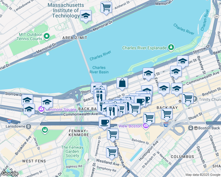 map of restaurants, bars, coffee shops, grocery stores, and more near 457 Beacon Street in Boston
