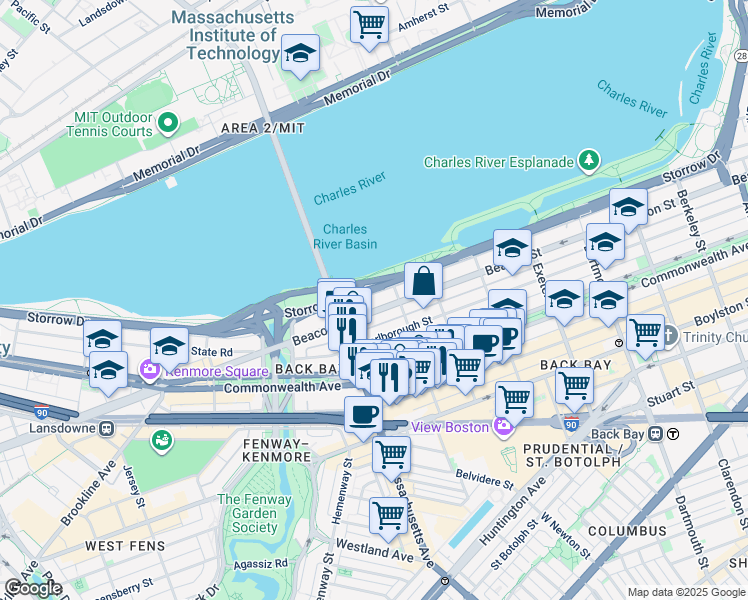 map of restaurants, bars, coffee shops, grocery stores, and more near 457 Beacon Street in Boston