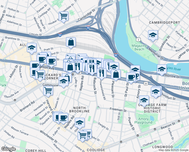 map of restaurants, bars, coffee shops, grocery stores, and more near 973 U.S. 20 in Boston