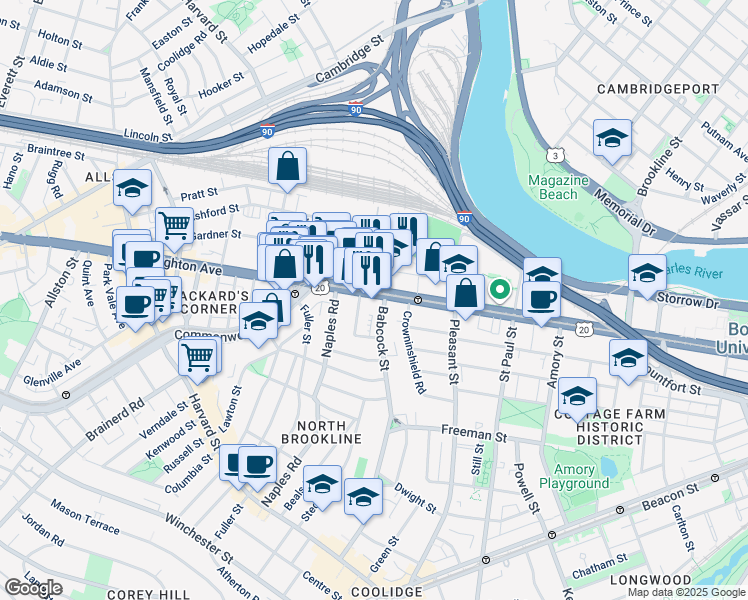 map of restaurants, bars, coffee shops, grocery stores, and more near 20 Winslow Road in Brookline