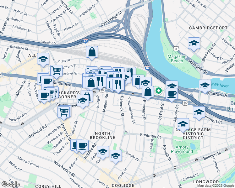map of restaurants, bars, coffee shops, grocery stores, and more near 20 Winslow Road in Brookline