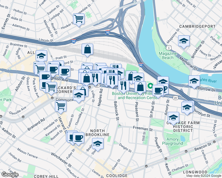 map of restaurants, bars, coffee shops, grocery stores, and more near 20 Winslow Road in Brookline