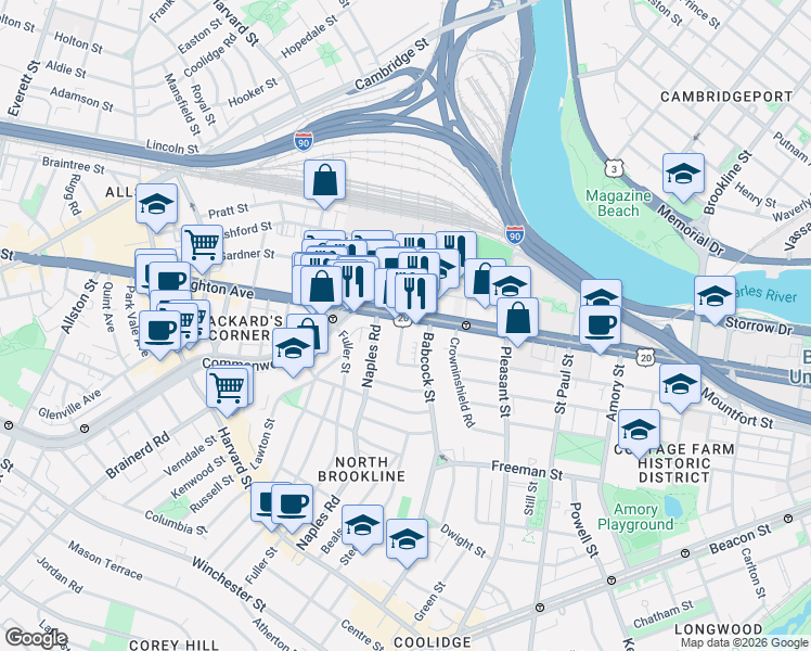 map of restaurants, bars, coffee shops, grocery stores, and more near 20 Winslow Road in Brookline