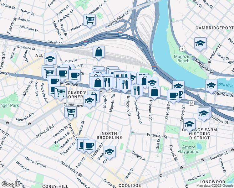 map of restaurants, bars, coffee shops, grocery stores, and more near 20 Winslow Road in Brookline