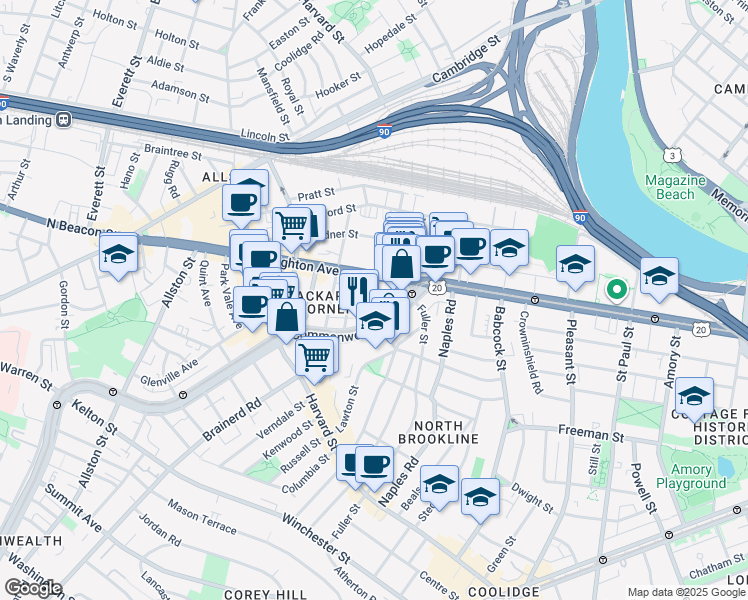 map of restaurants, bars, coffee shops, grocery stores, and more near 1131 Commonwealth Avenue in Boston