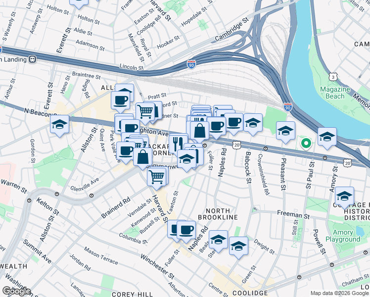 map of restaurants, bars, coffee shops, grocery stores, and more near 1139 Commonwealth Avenue in Boston