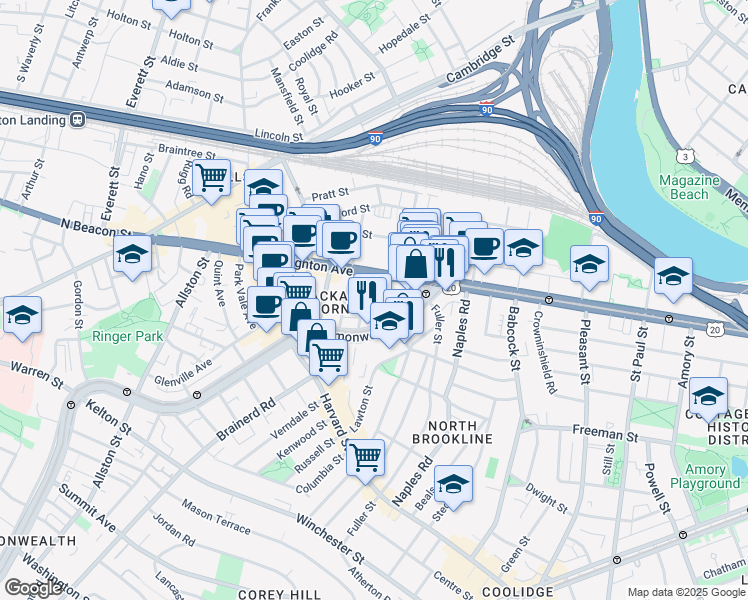 map of restaurants, bars, coffee shops, grocery stores, and more near 1131 Commonwealth Avenue in Boston