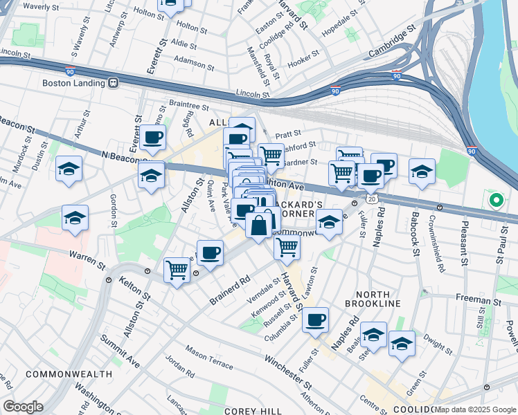 map of restaurants, bars, coffee shops, grocery stores, and more near 1245 Commonwealth Avenue in Boston