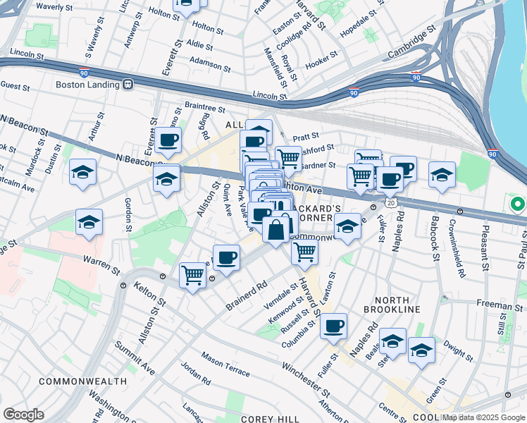 map of restaurants, bars, coffee shops, grocery stores, and more near 1245 Commonwealth Avenue in Boston