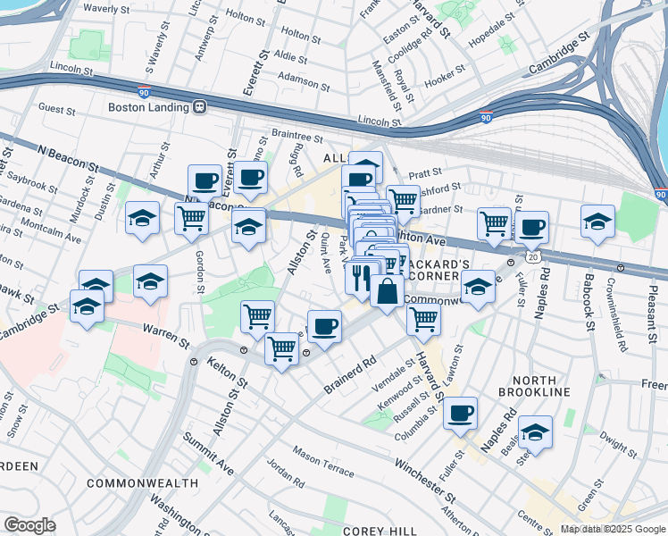 map of restaurants, bars, coffee shops, grocery stores, and more near 44 Quint Avenue in Boston