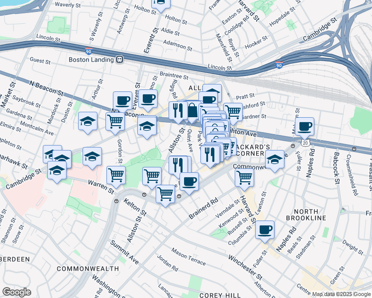map of restaurants, bars, coffee shops, grocery stores, and more near 17 Radcliffe Road in Boston