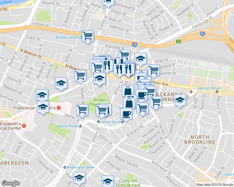 map of restaurants, bars, coffee shops, grocery stores, and more near 68 Allston Street in Boston