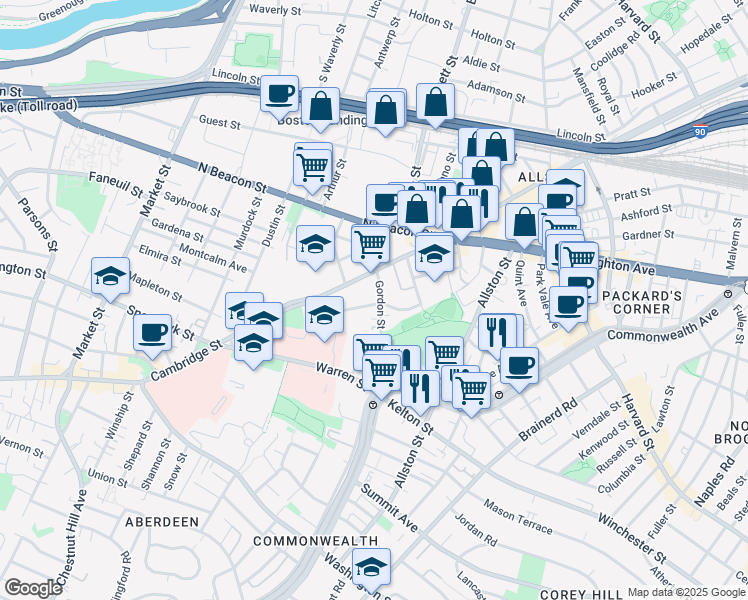 map of restaurants, bars, coffee shops, grocery stores, and more near 59 Gordon Street in Boston