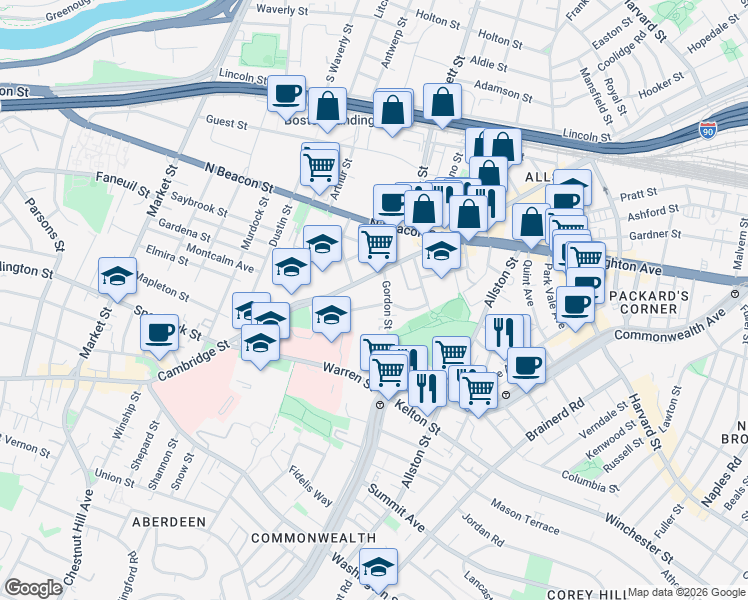 map of restaurants, bars, coffee shops, grocery stores, and more near 59 Gordon Street in Boston