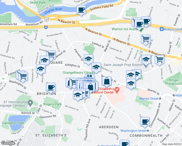 map of restaurants, bars, coffee shops, grocery stores, and more near 359 Market Street in Boston