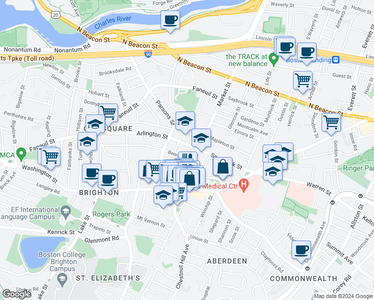 map of restaurants, bars, coffee shops, grocery stores, and more near 359 Market Street in Boston