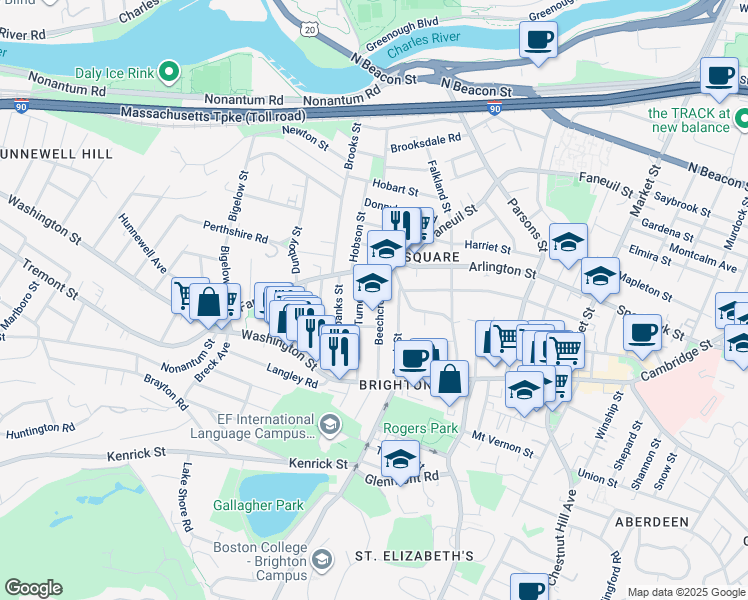 map of restaurants, bars, coffee shops, grocery stores, and more near 50 Beechcroft Street in Boston