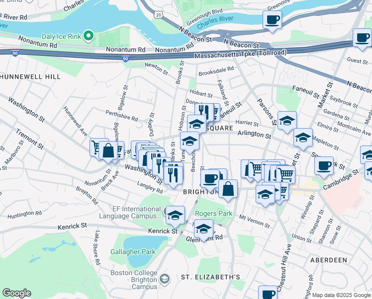map of restaurants, bars, coffee shops, grocery stores, and more near 50 Beechcroft Street in Boston