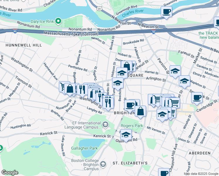 map of restaurants, bars, coffee shops, grocery stores, and more near 52 Fairbanks Street in Boston