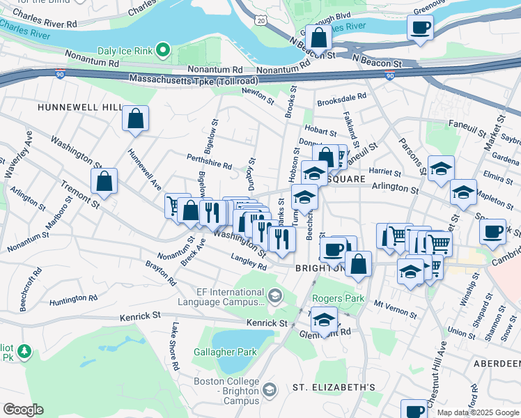 map of restaurants, bars, coffee shops, grocery stores, and more near 25-27 Montfern Avenue in Boston